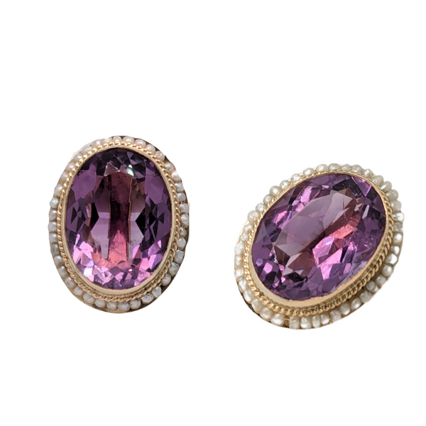Estate: 14K Gold Amethyst & Seed Pearl Post Earrings