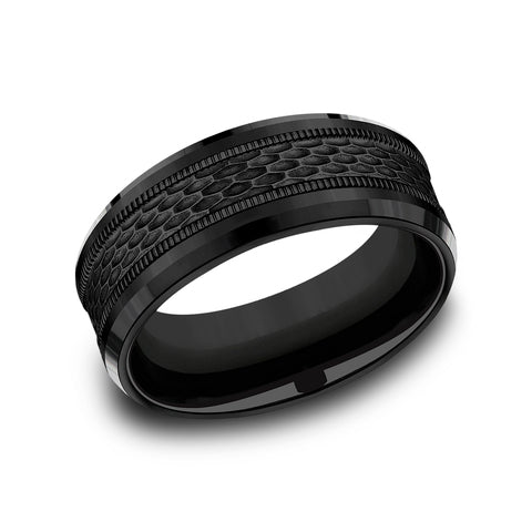 Black Titanium Beveled Mesh Center Men's Ring - Size 10