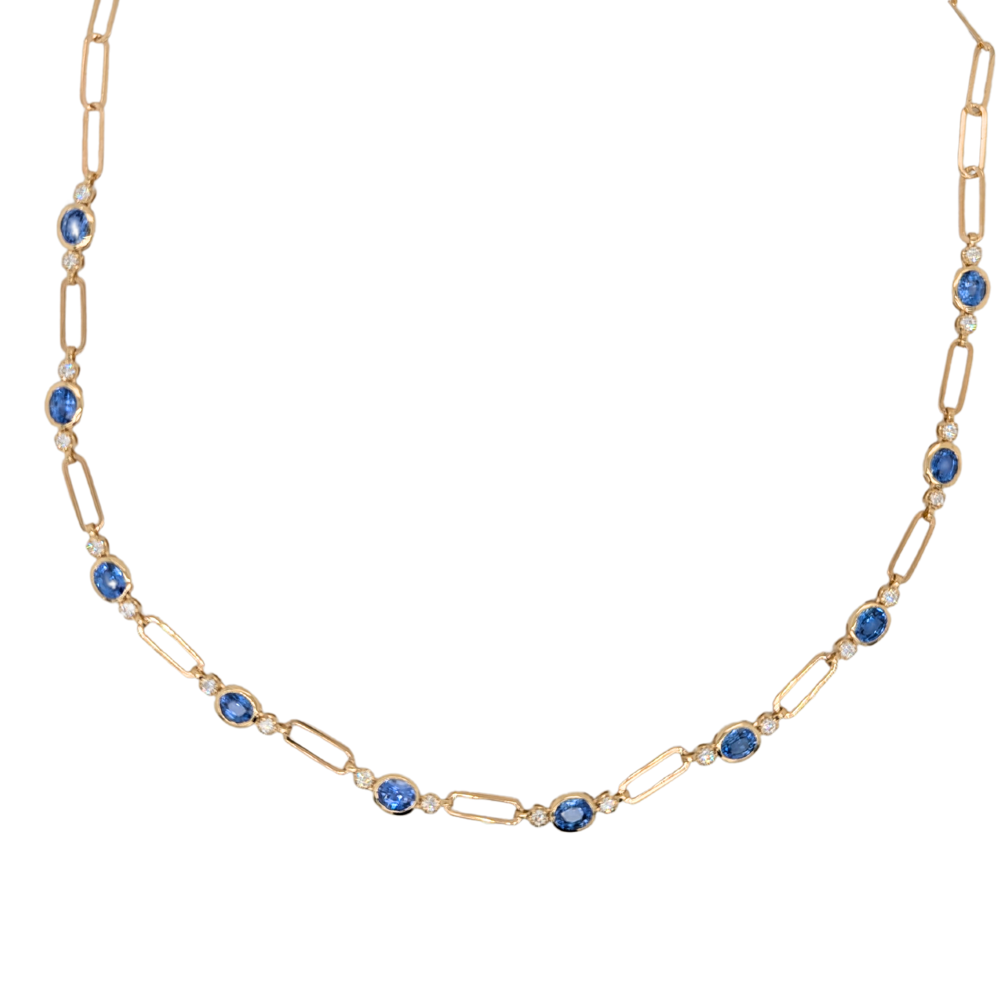 14K Bezel Sapphire & Diamond paperclip Necklace