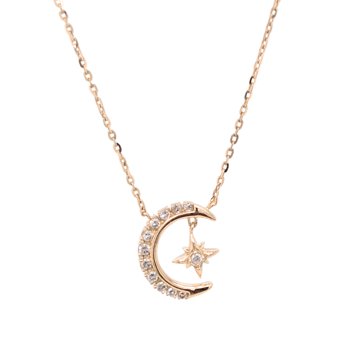 14K Gold Diamond Moon Necklace with Star Dangle