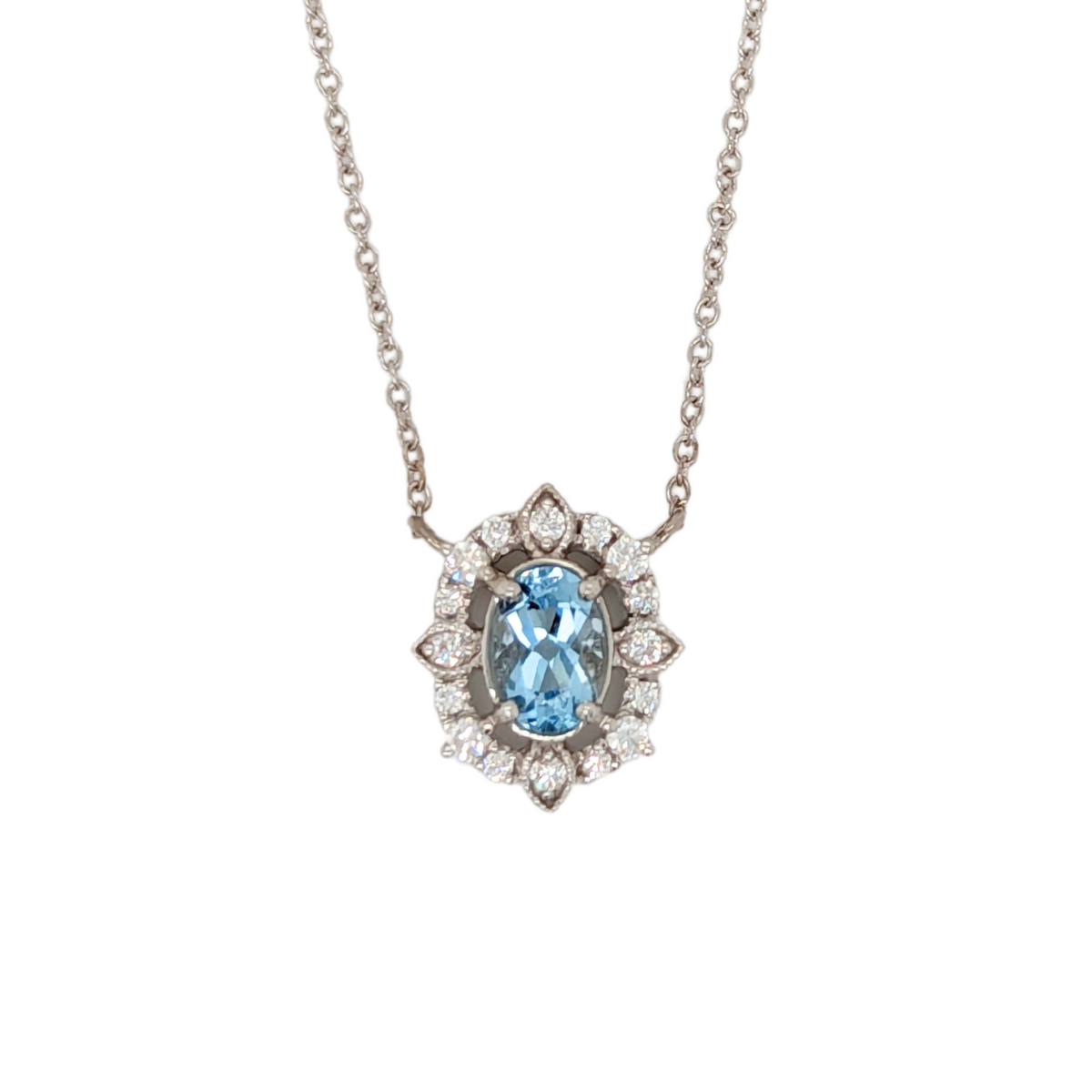 14K White Gold Aquamarine & Diamond Vintage Style Necklace