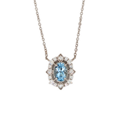 14K White Gold Aquamarine & Diamond Vintage Style Necklace