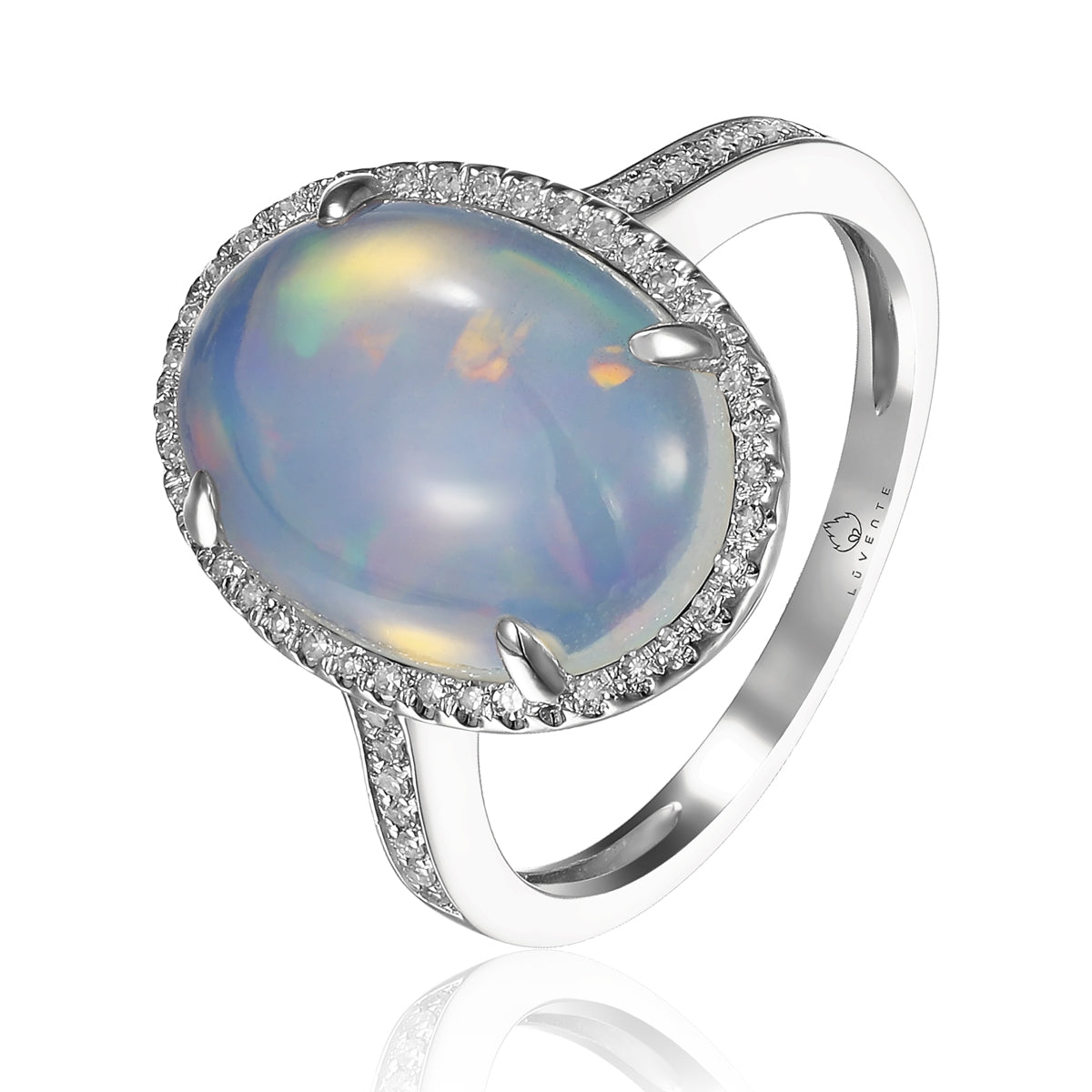 14K White Gold Opal Oval Halo Ring
