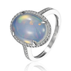 14K White Gold Opal Oval Halo Ring