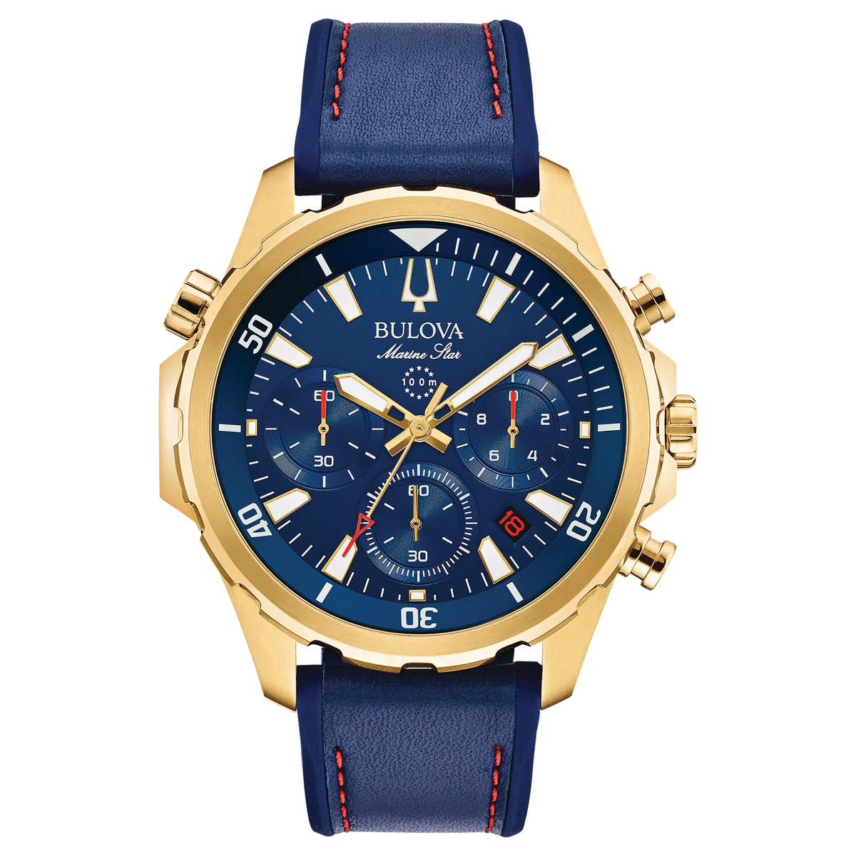 Bulova Marine Star Goldtone Blue & Red Leather Watch 97B168