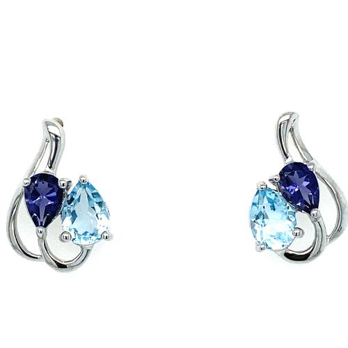Sterling Silver Pear Blue Topaz & Iolite Drop Earrings 2CTW