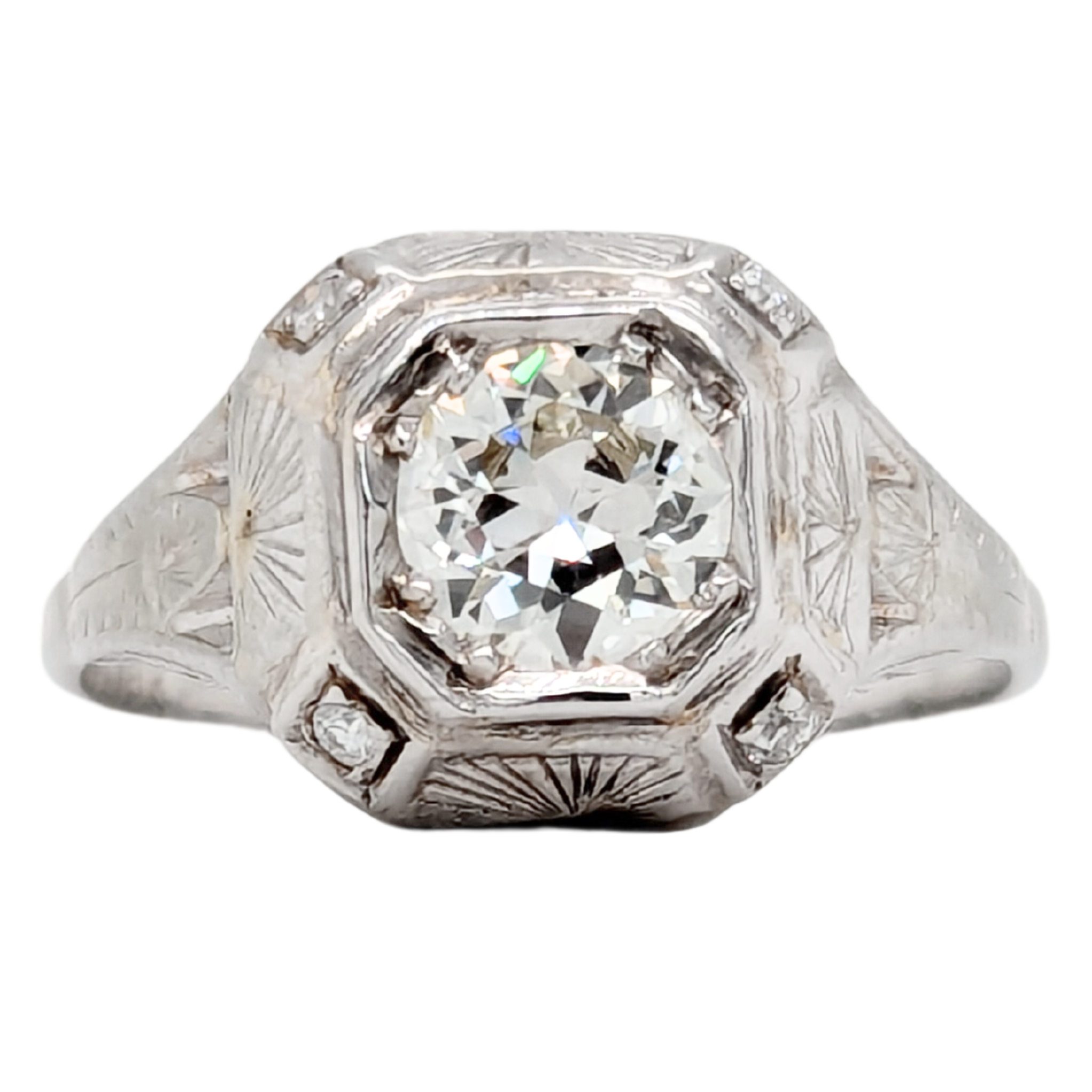 18K Old European Cut Diamond VVS2 Engraved Solitiare Ring