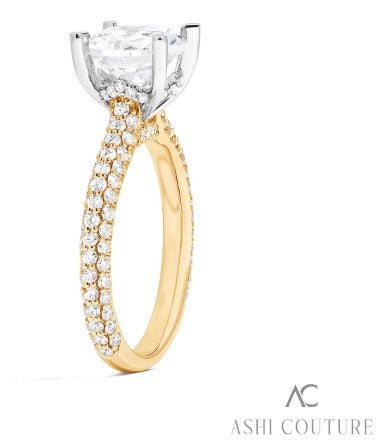 14K Gold 3 Row Diamond Pave Engagement Ring Semi-Mount Holds 1.5-2CT Center