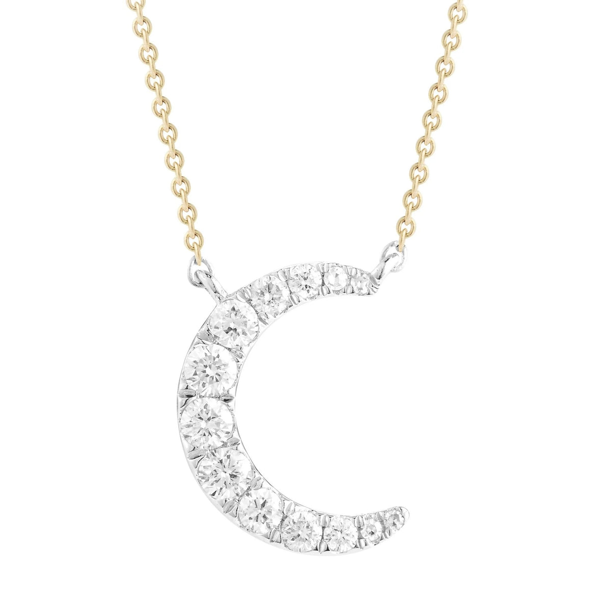 14KT Two Tone Gold Diamond Crescent Moon Necklace