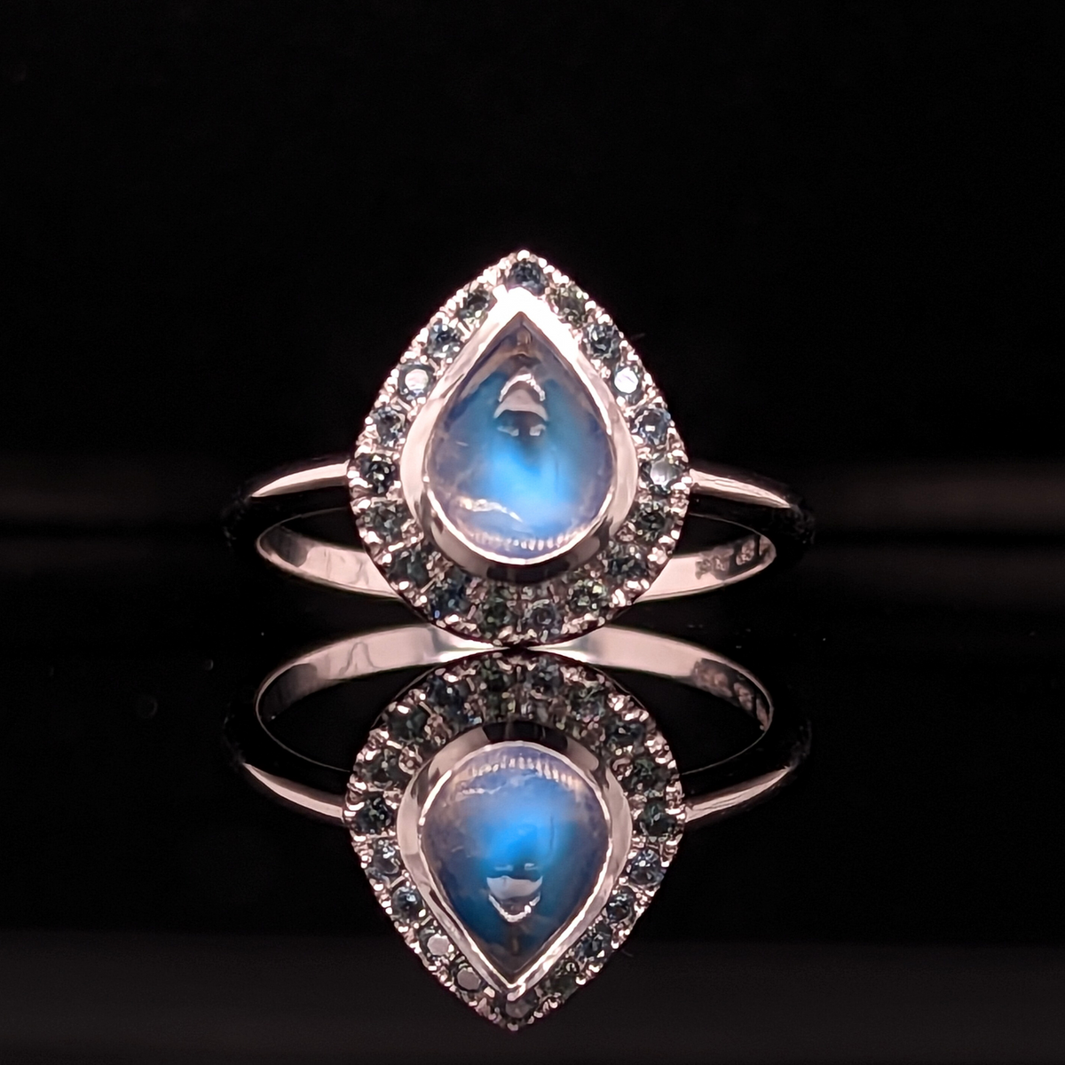 14K White Gold Moonstone Ring with Teal Sapphires
