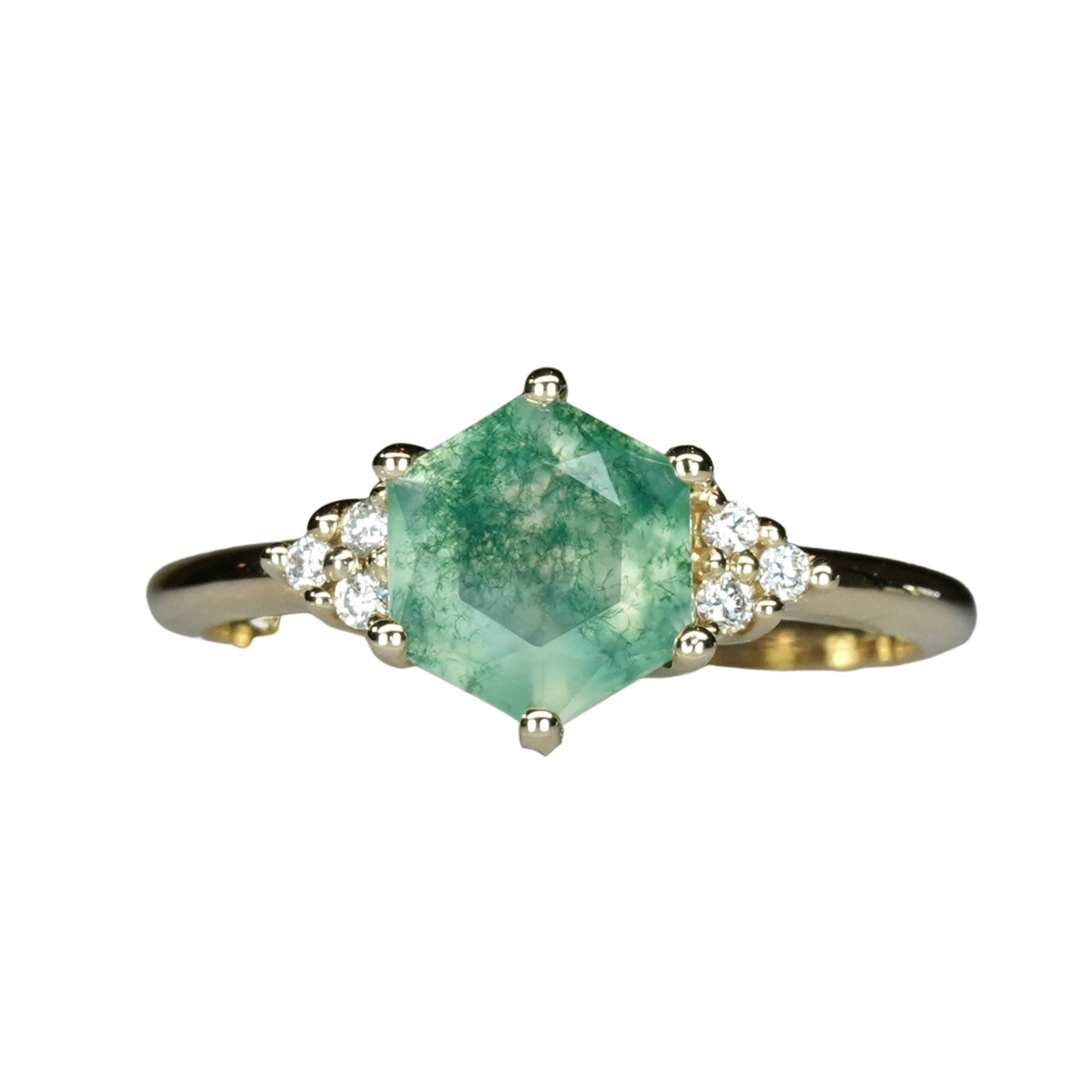 14K Yellow Gold Moss Agate Ring with Diamonds