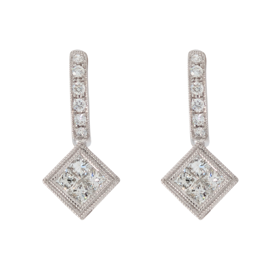 18K White Gold Princess Cut Diamond Huggie Earrings