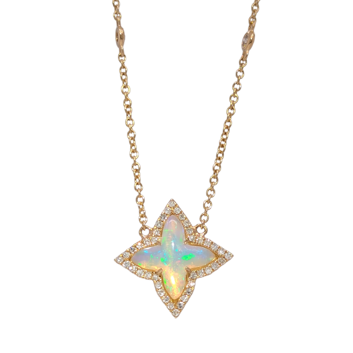 14K Yellow Gold Opal Clover Necklace with Diamonds