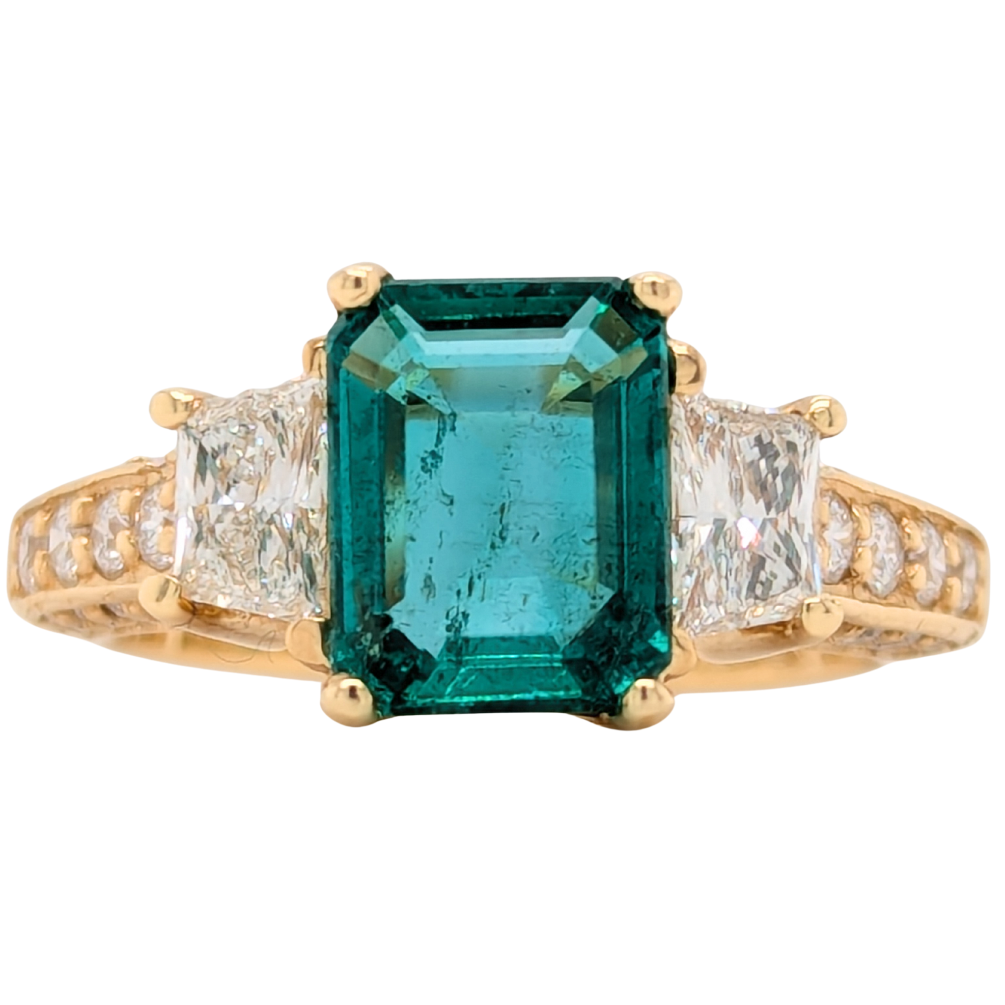 18K Yellow Gold Emerald Center Ring with Trapeze Diamond Sides