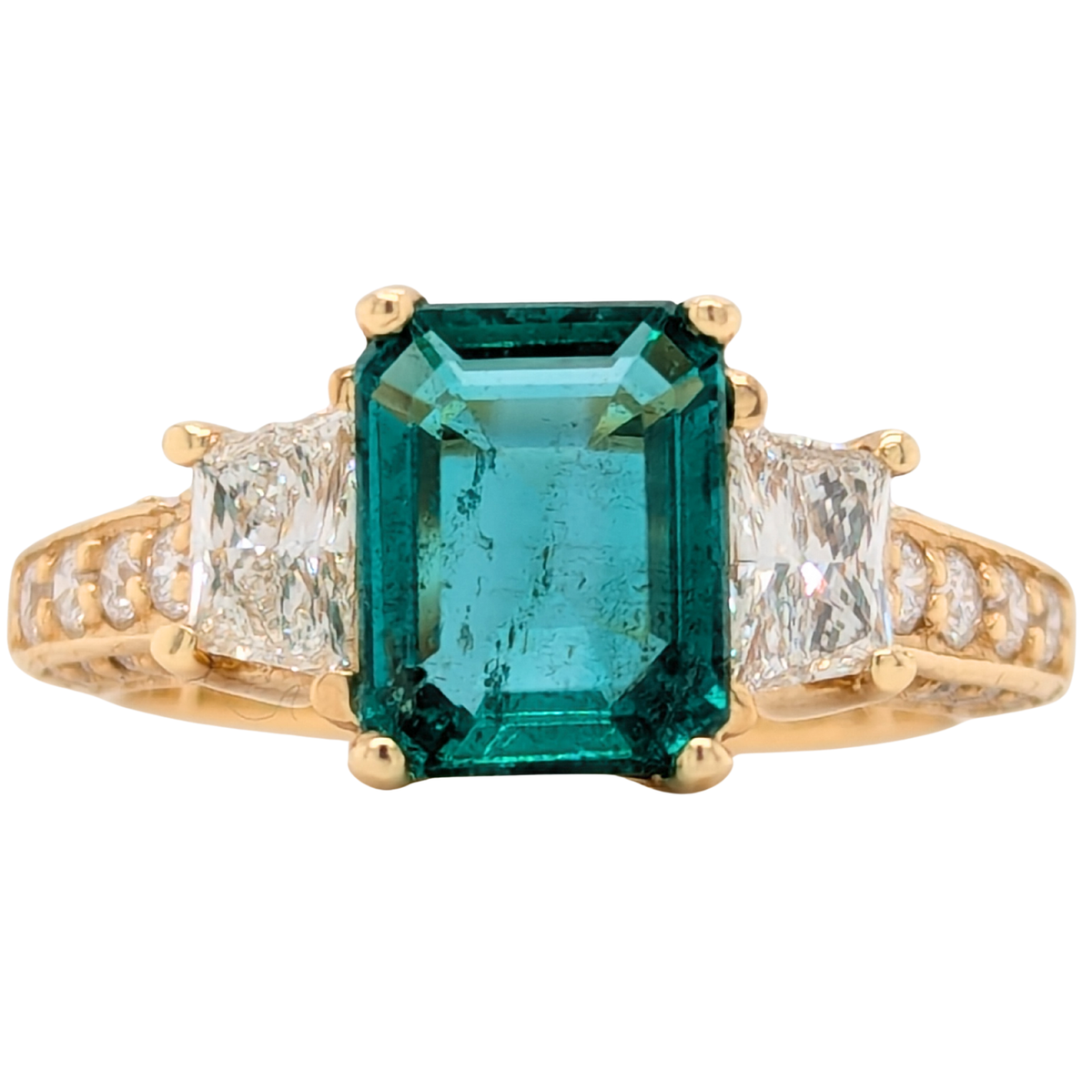 18K Yellow Gold Emerald Center Ring with Trapeze Diamond Sides