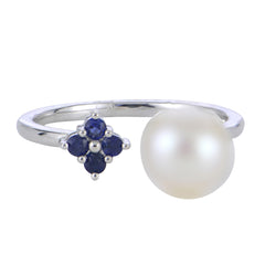 14K White Gold Freshwater Pearl and Sapphire Open Shank Ring