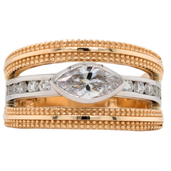 14K Three Row Two Tone Bezel Marquise Semi-Mount Ring