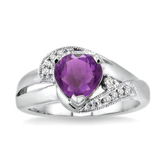 Sterling Silver Heart Shape Amethyst Ring with Diamonds
