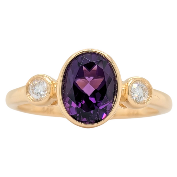 14K Oval Amethyst Bezel Set Ring with Diamonds