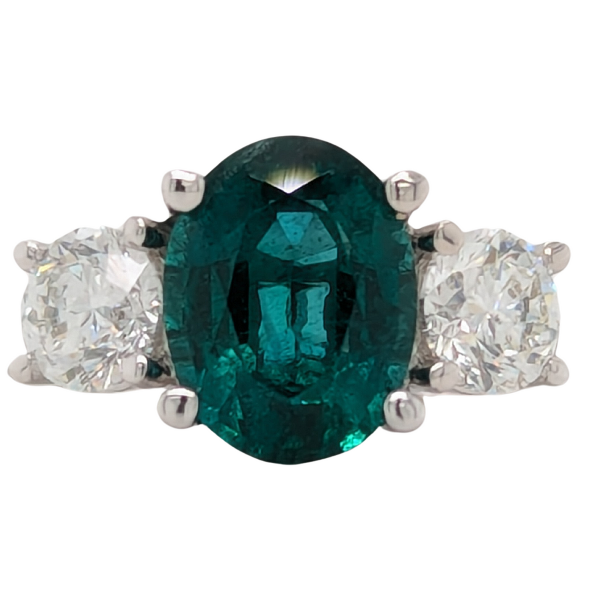 18K Three Stone Ring with Oval Emerald Center