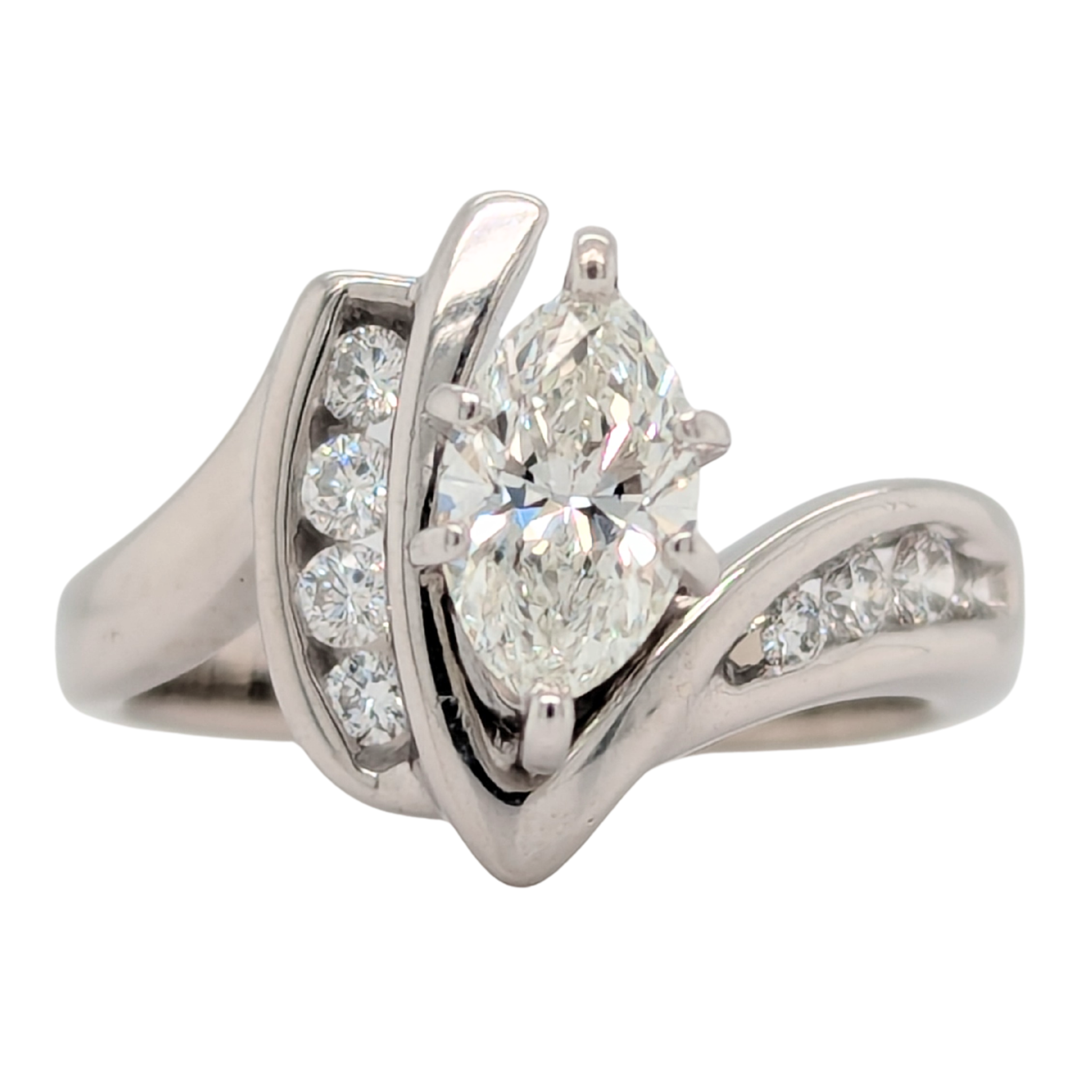 Estate: 14K White Gold Marquise & Channel Set Diamond Engagement Ring