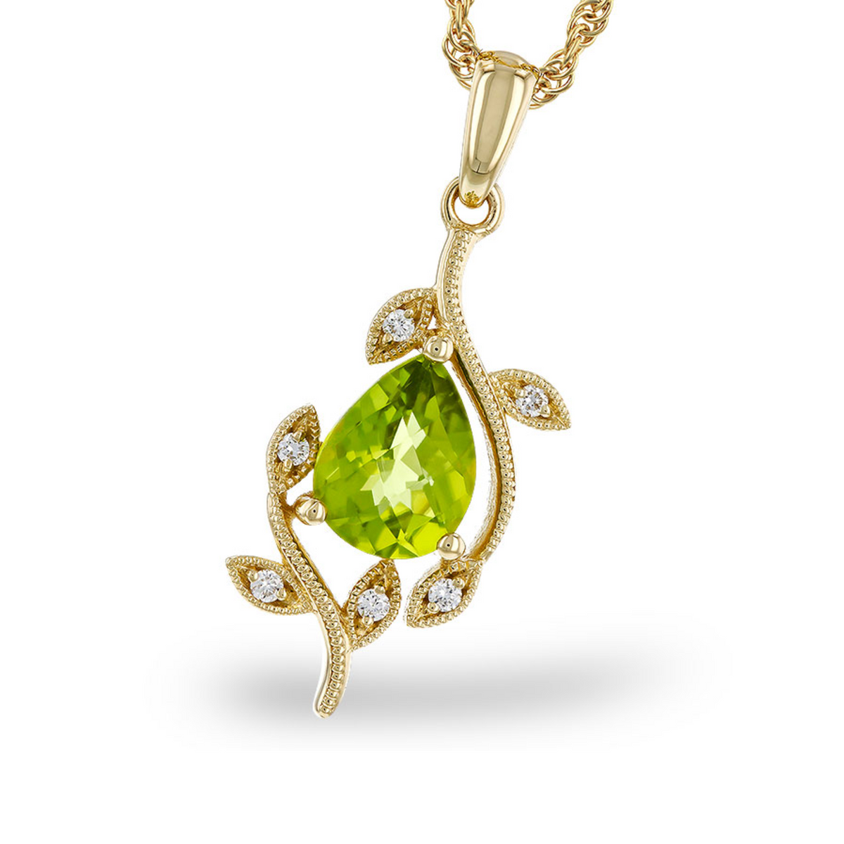 14K Yellow Gold Pear Peridot Necklace with Diamonds