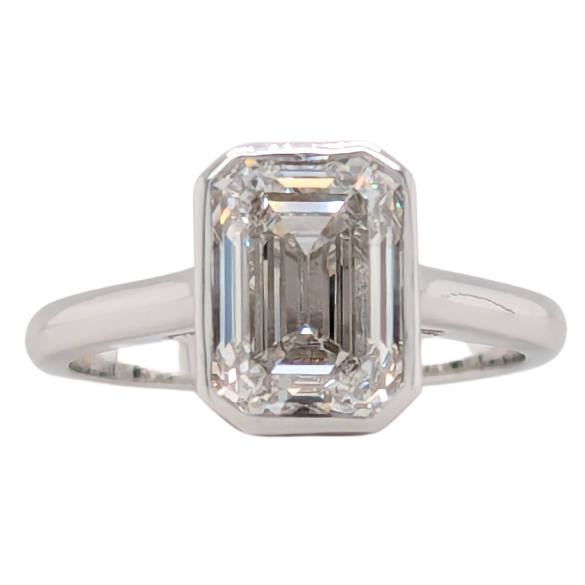 14K White Gold 3CT Emerald Cut Lab Grown Diamond Bezel Set Ring