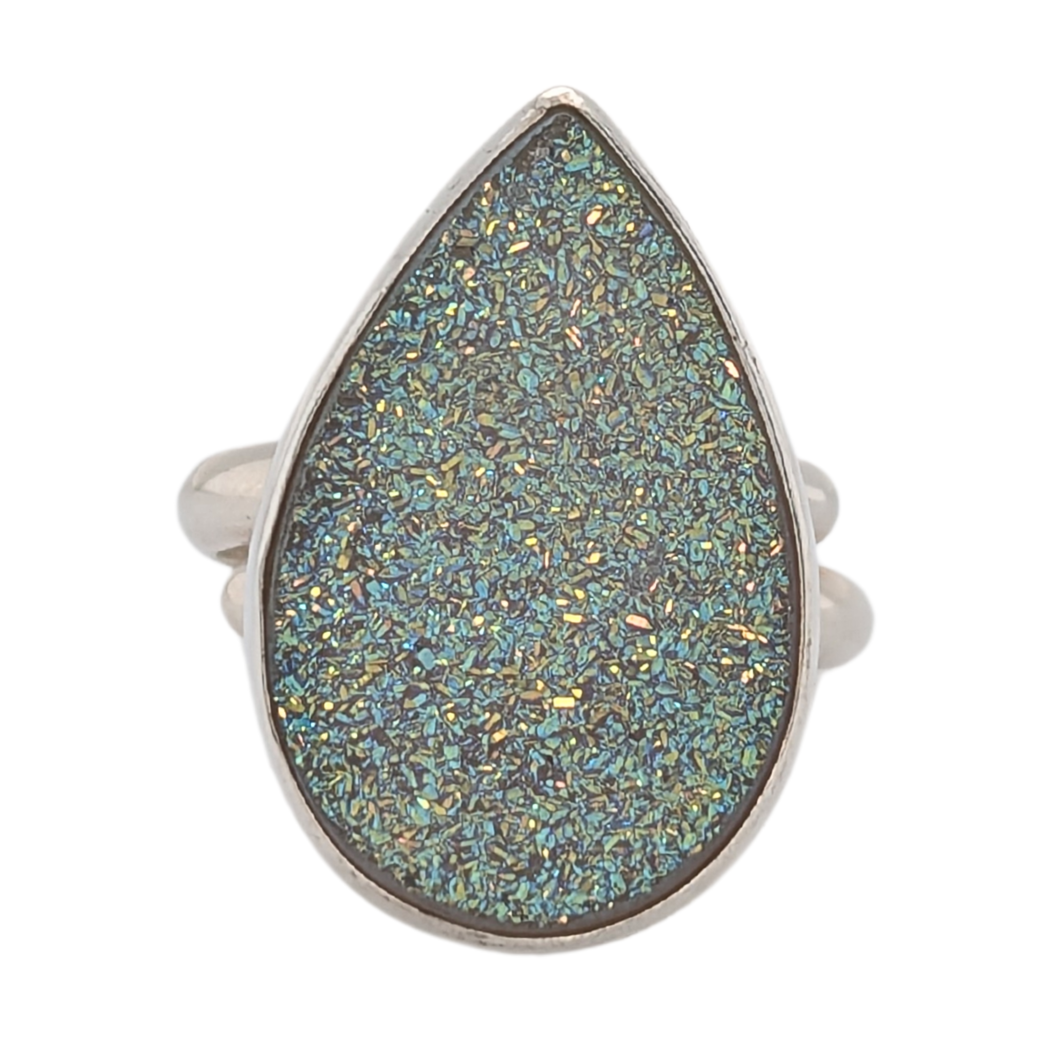 Sterling Silver Titanium Coated Druzy Pear Shape Adjustable Ring
