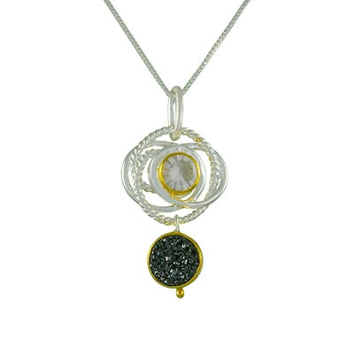 Sterling Silver 22K Black Druzy and Ice Quartz Necklace