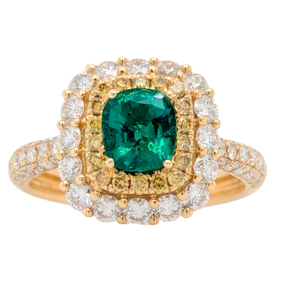 18K Yellow & White Diamond Emerald Halo Ring