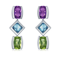Sterling Silver Multi-Shape Amethyst, Peridot, and Blue Topaz Dangle Earrings