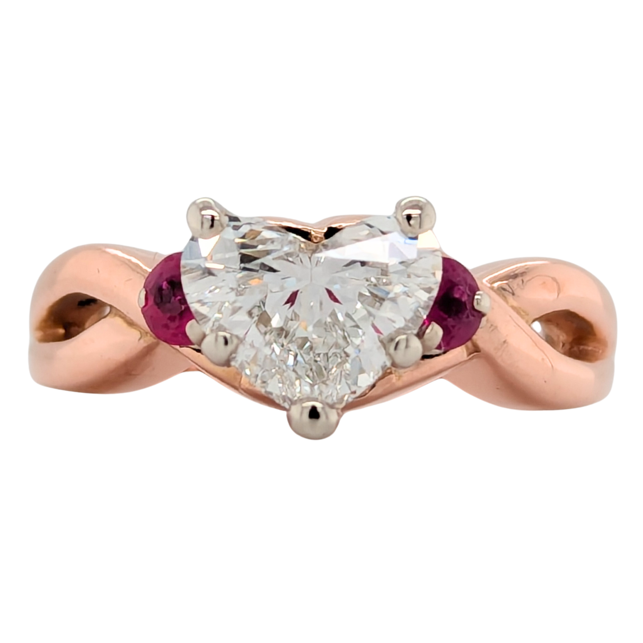 Estate: 14K Rose Gold Heart Diamond Engagement Ring with Rubies