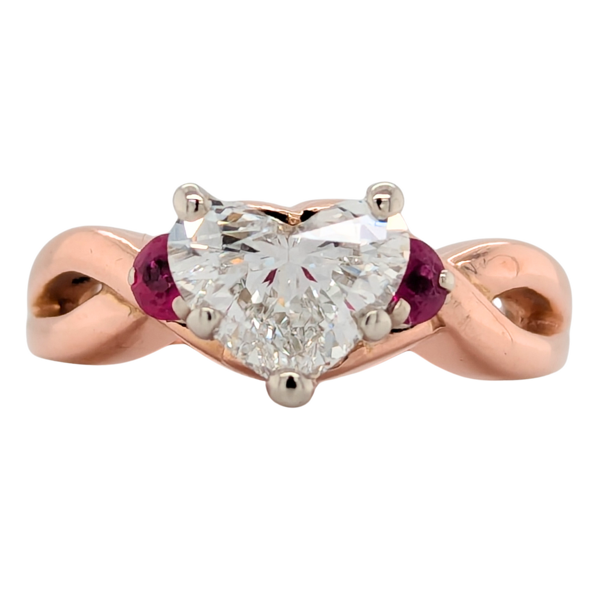 Estate: 14K Rose Gold Heart Diamond Engagement Ring with Rubies