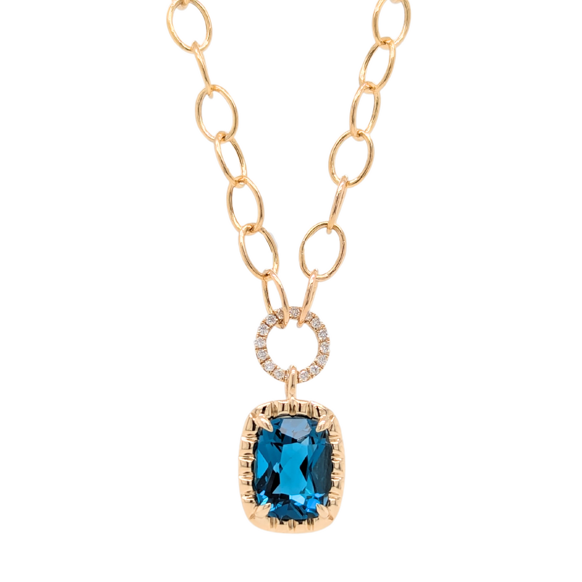 14K Yellow Gold Blue Topaz Chain Necklace with Diamonds