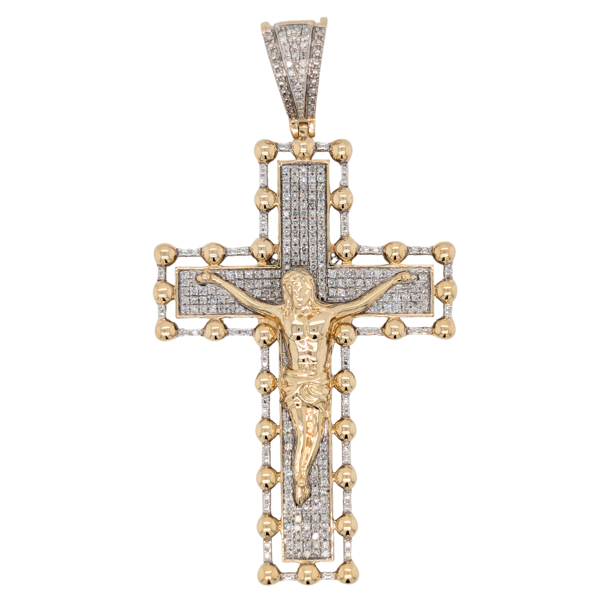 Estate: 10K Yellow Gold Crucifix Diamond Pave Pendant 1.5CTW