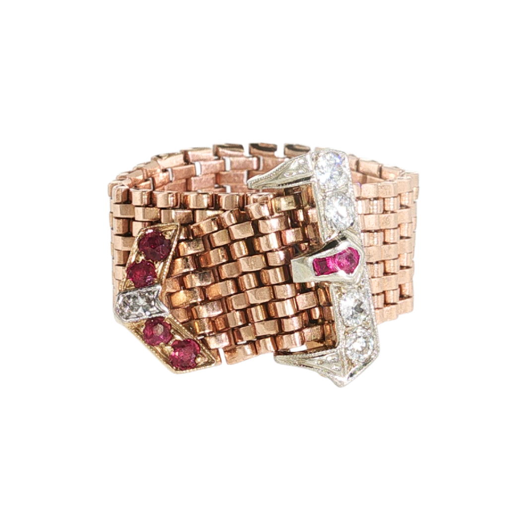 Estate Vintage 14kt Rose/White Gold Old Mine Cut Diamond Adjustable Buckle Ring