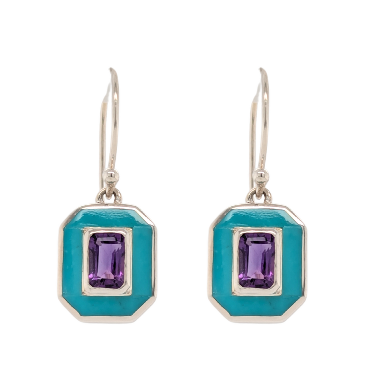 Sterling Silver Amethyst & Turquoise Hook Dangle Earrings