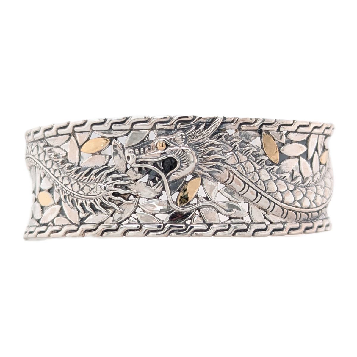 Estate: Sterling Silver + 18K Dragon Cuff Bracelet