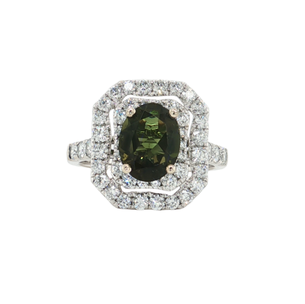 18kt White Gold 1.19ctw Double Diamond Halo Oval Tourmaline Ring
