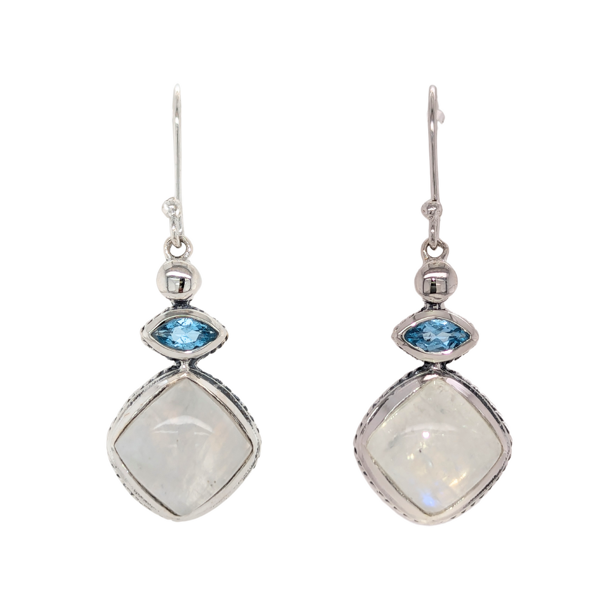 Sterling Silver Rainbow Moonstone Earrings with Blue Topaz Accents