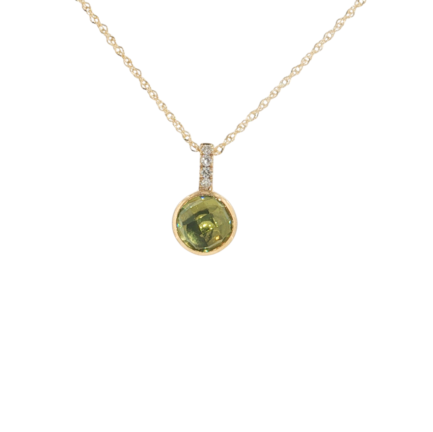 14K YG 1.54CT PERIDOT .04CTW DIA PENDANT 1MM SINGAPORE 18"