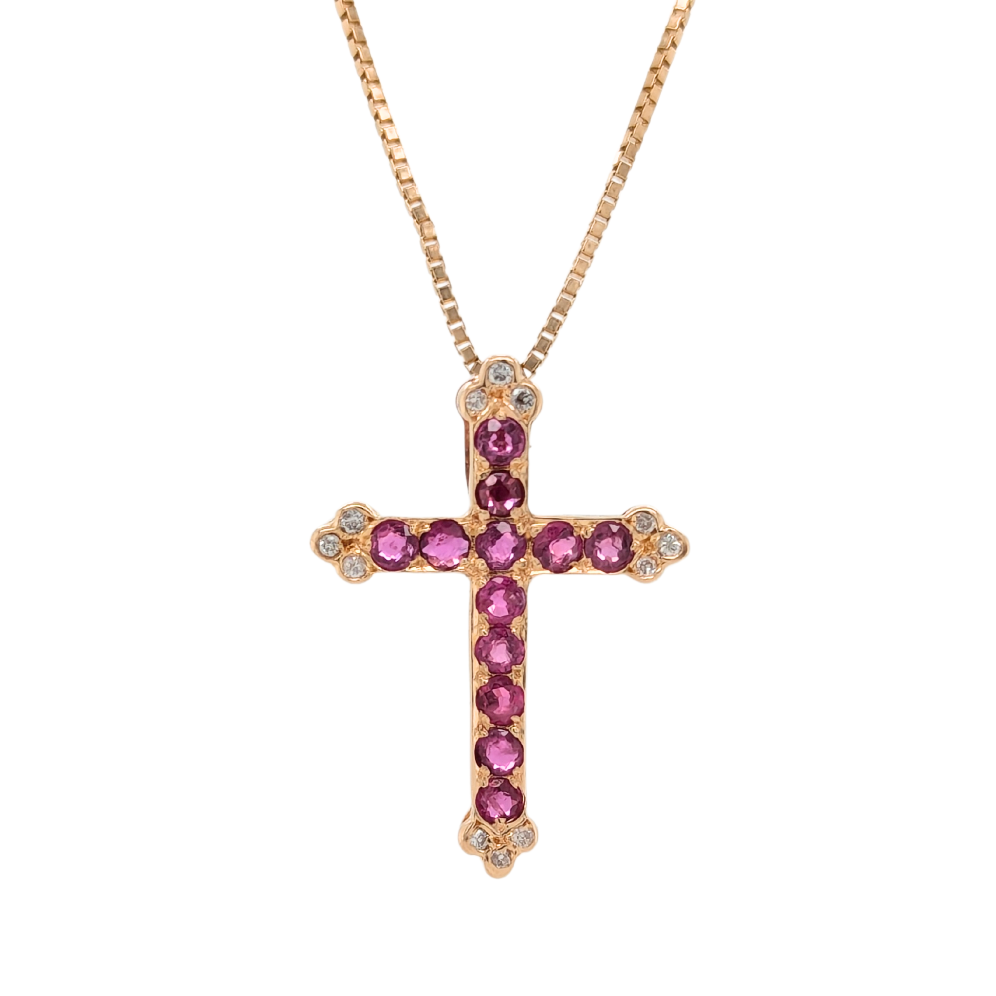 Estate: 14K Yellow Gold Ruby & Diamond Cross Necklace