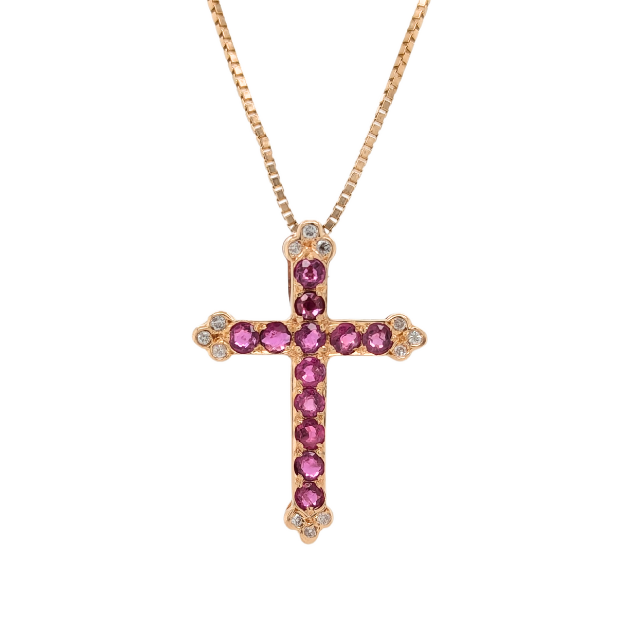 Estate: 14K Yellow Gold Ruby & Diamond Cross Necklace