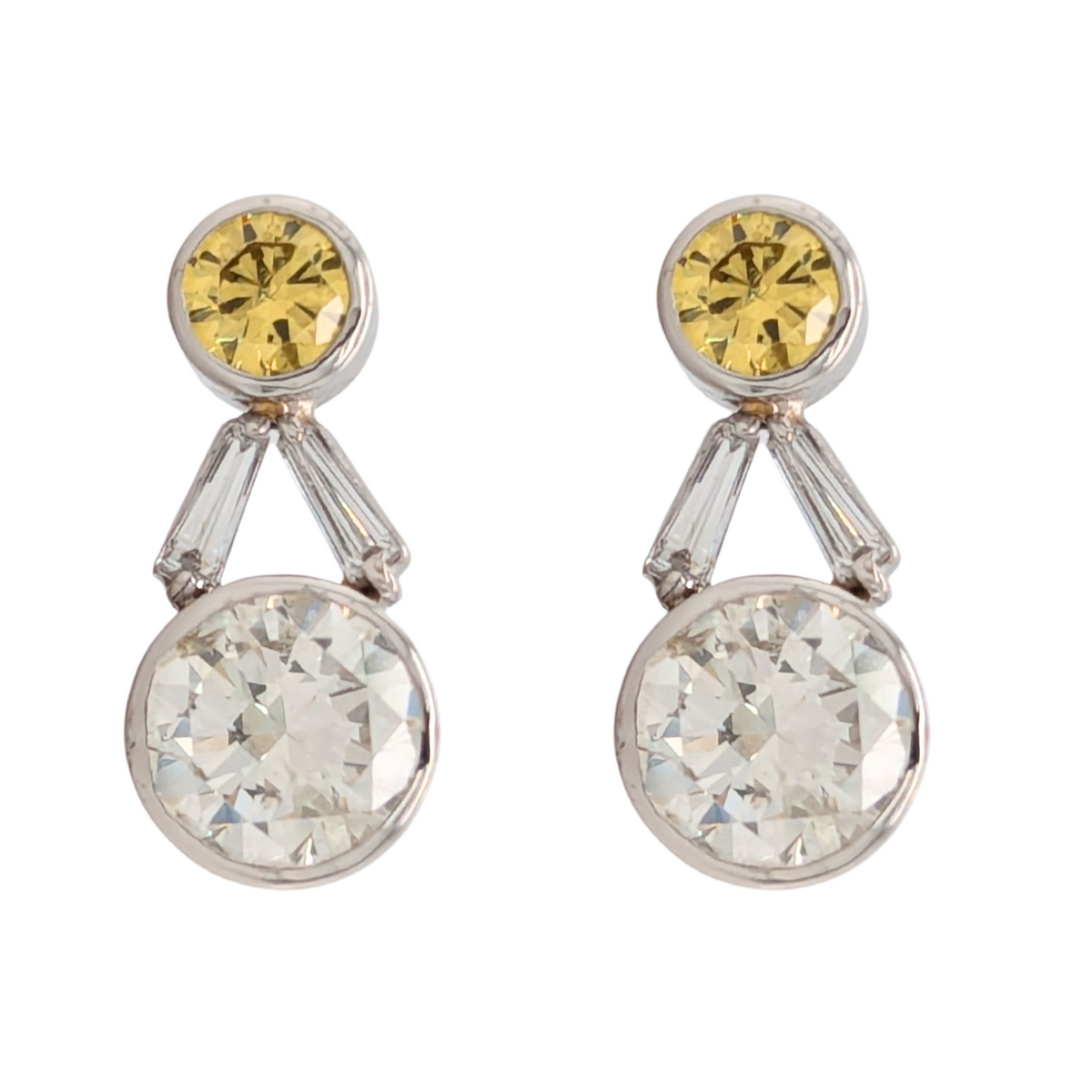 Estate: 14K White Gold Irradiated Yellow Diamond Accent Diamond Earrings