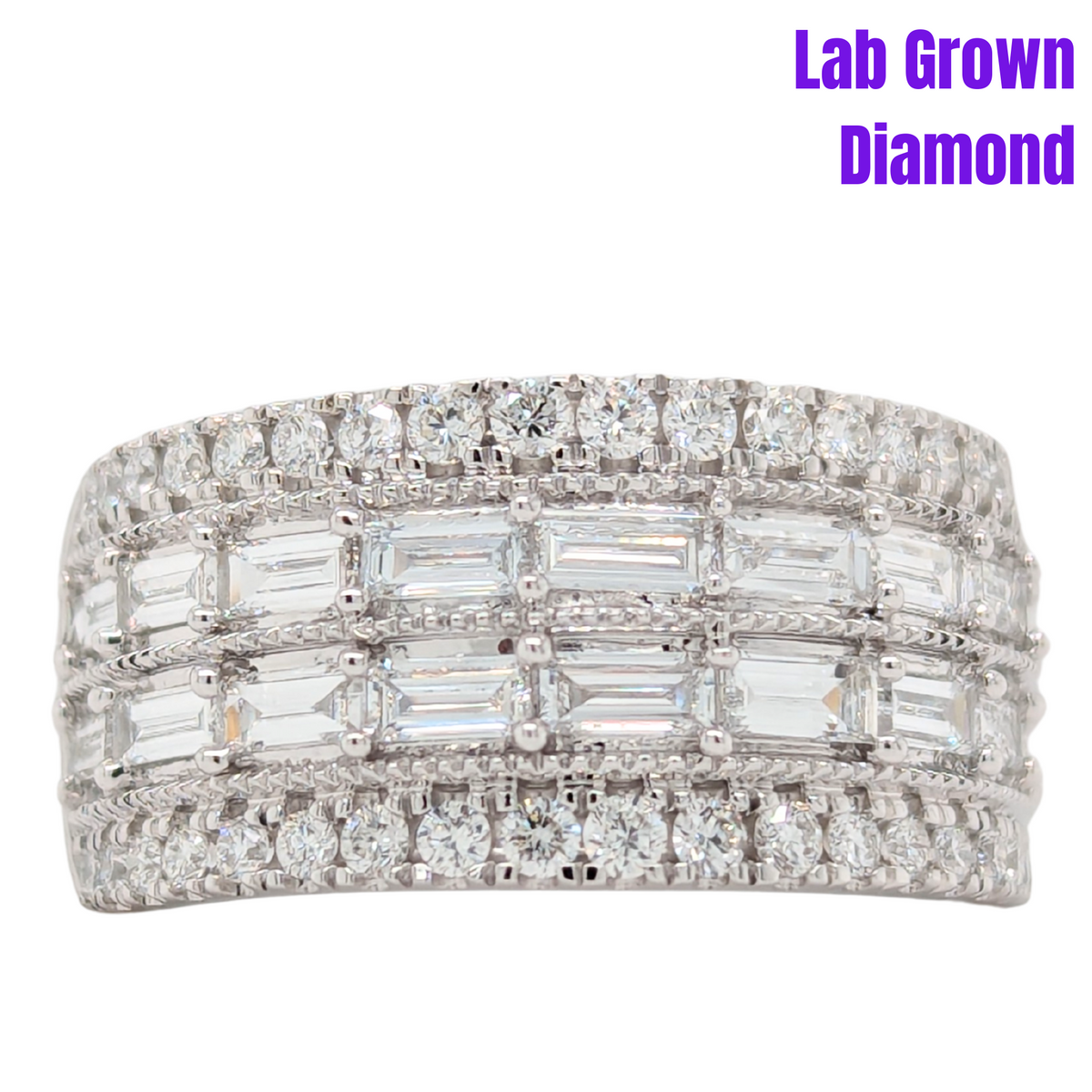 14K White Gold Lab Grown Diamond Baguette & Round Wide Band