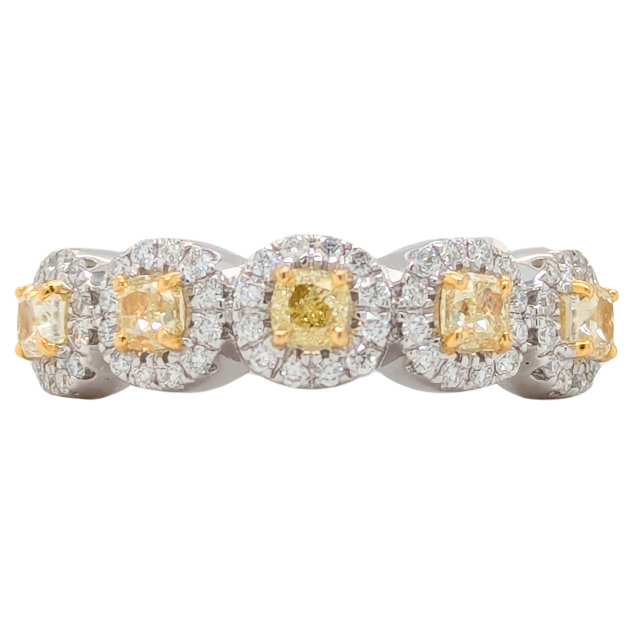 14K Gold 1CTW 5 Cushion Cut Natural Yellow Diamond Ring