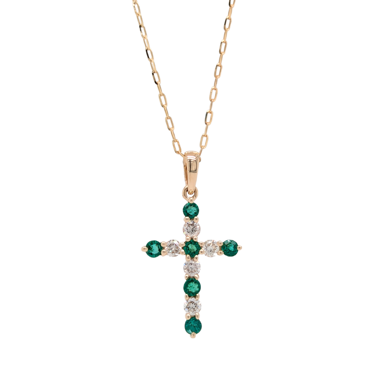 14K Yellow Gold Emerald and Diamond Cross Necklace