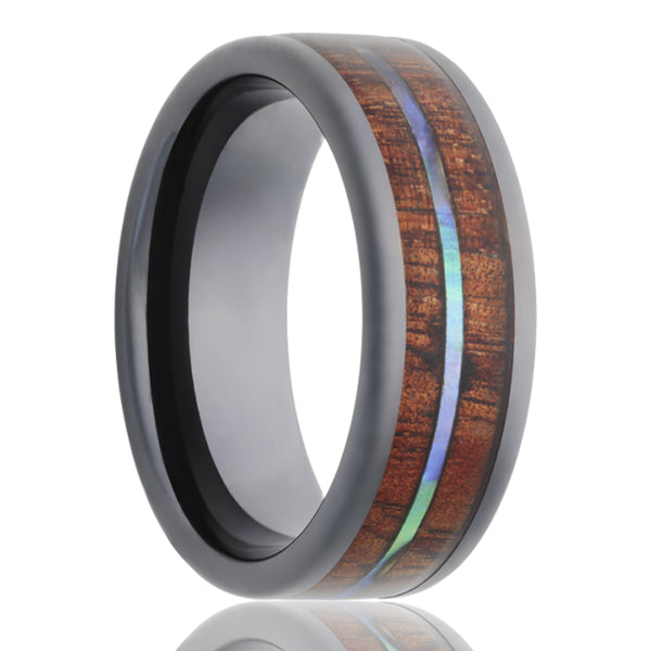 Abalone with Koa Wood Inlay Men's Ring in Black Ceramic - Size 10
