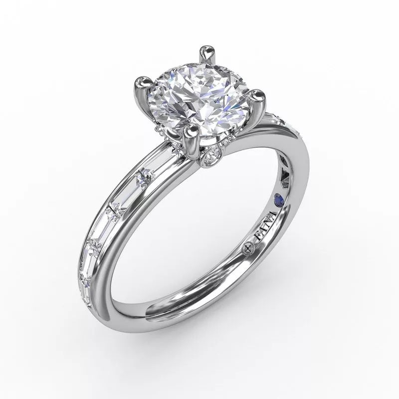 14K Classic Round Diamond Engagement Ring With Baguette Diamond Shank