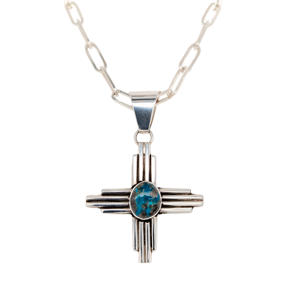 Sterling Silver Large Turquoise Zia Necklace with Matrix